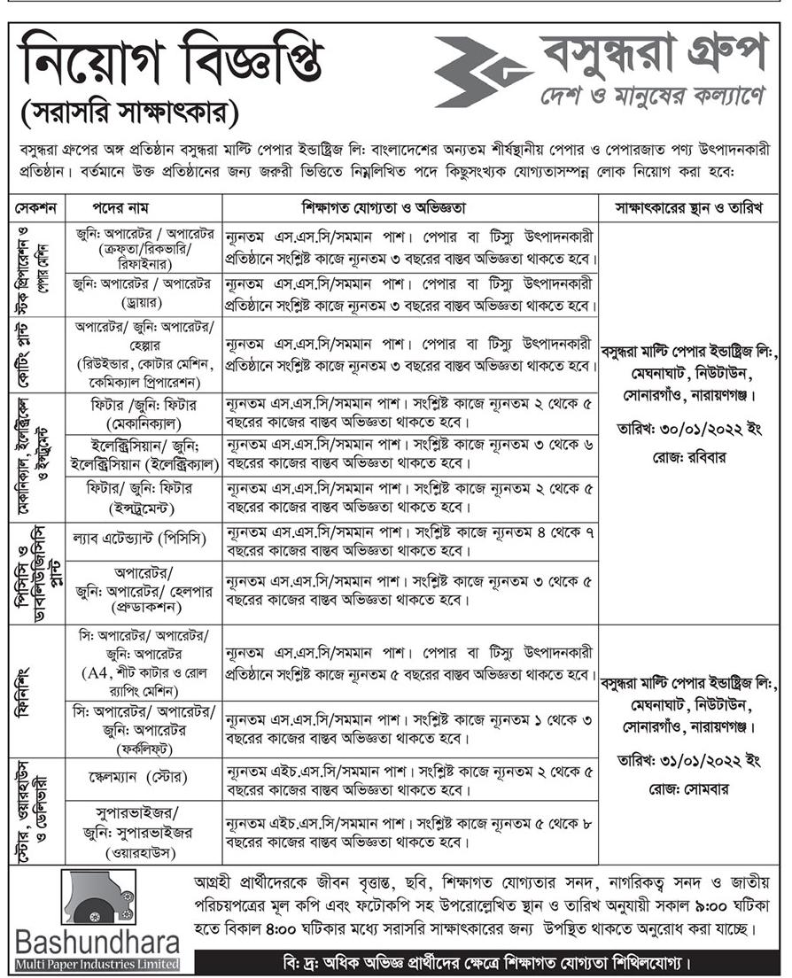 বসুন্ধরা গ্রুপে নিয়োগ বিজ্ঞপ্তি ২০২২